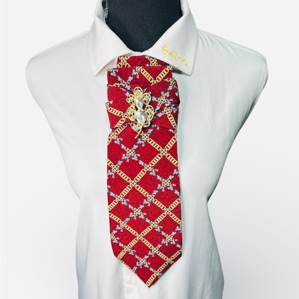 Claiborne Red and Gold Necktie with Gold Flower Brooch
